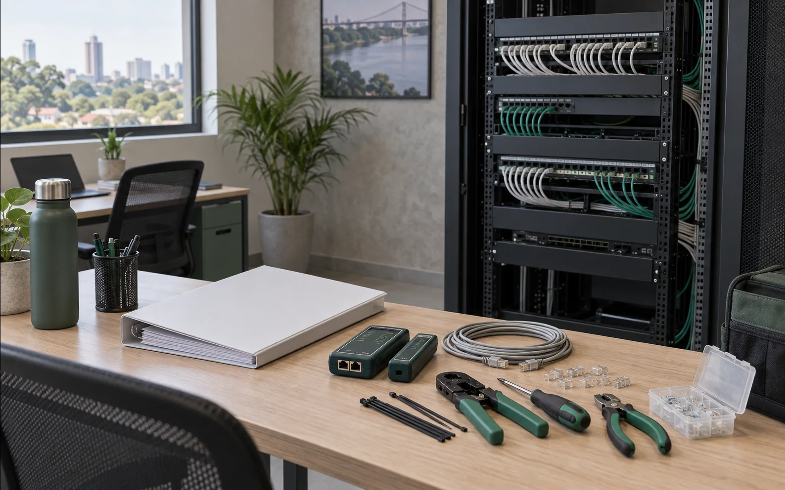 Herramientas, documentación y gabinete de red preparados para mantenimiento técnico.