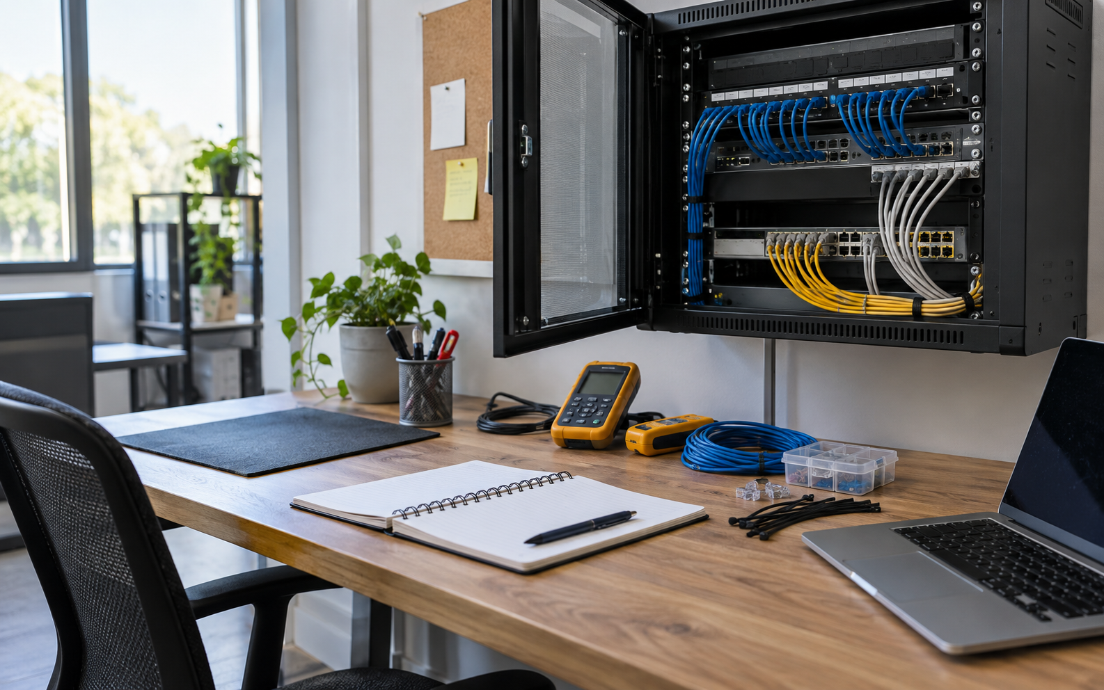 Espacio de trabajo con gabinete de red y herramientas de soporte